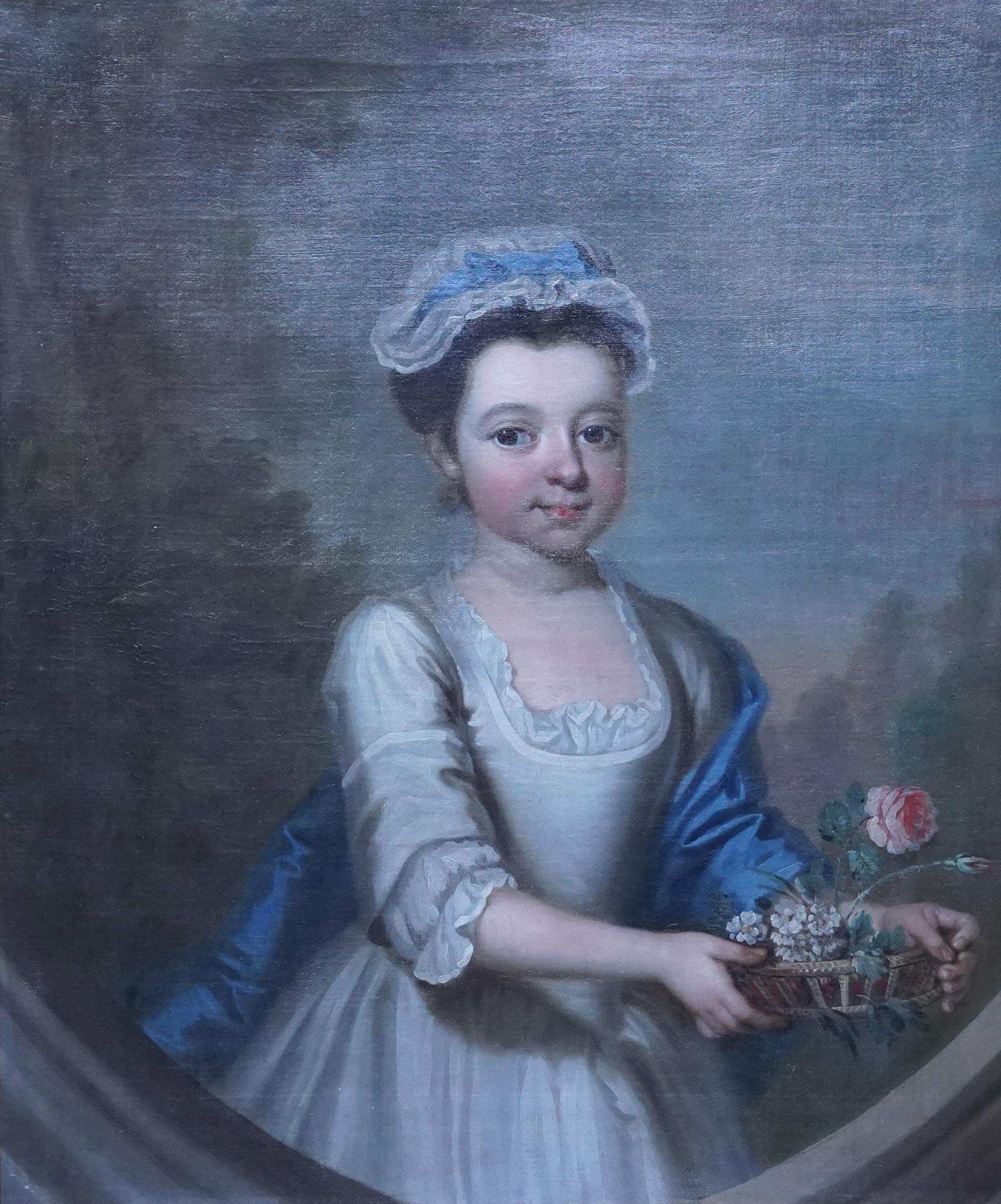 Portrait of a Girl with Basket of Flowers -British 18thC Old Master oil painting For Sale 6
