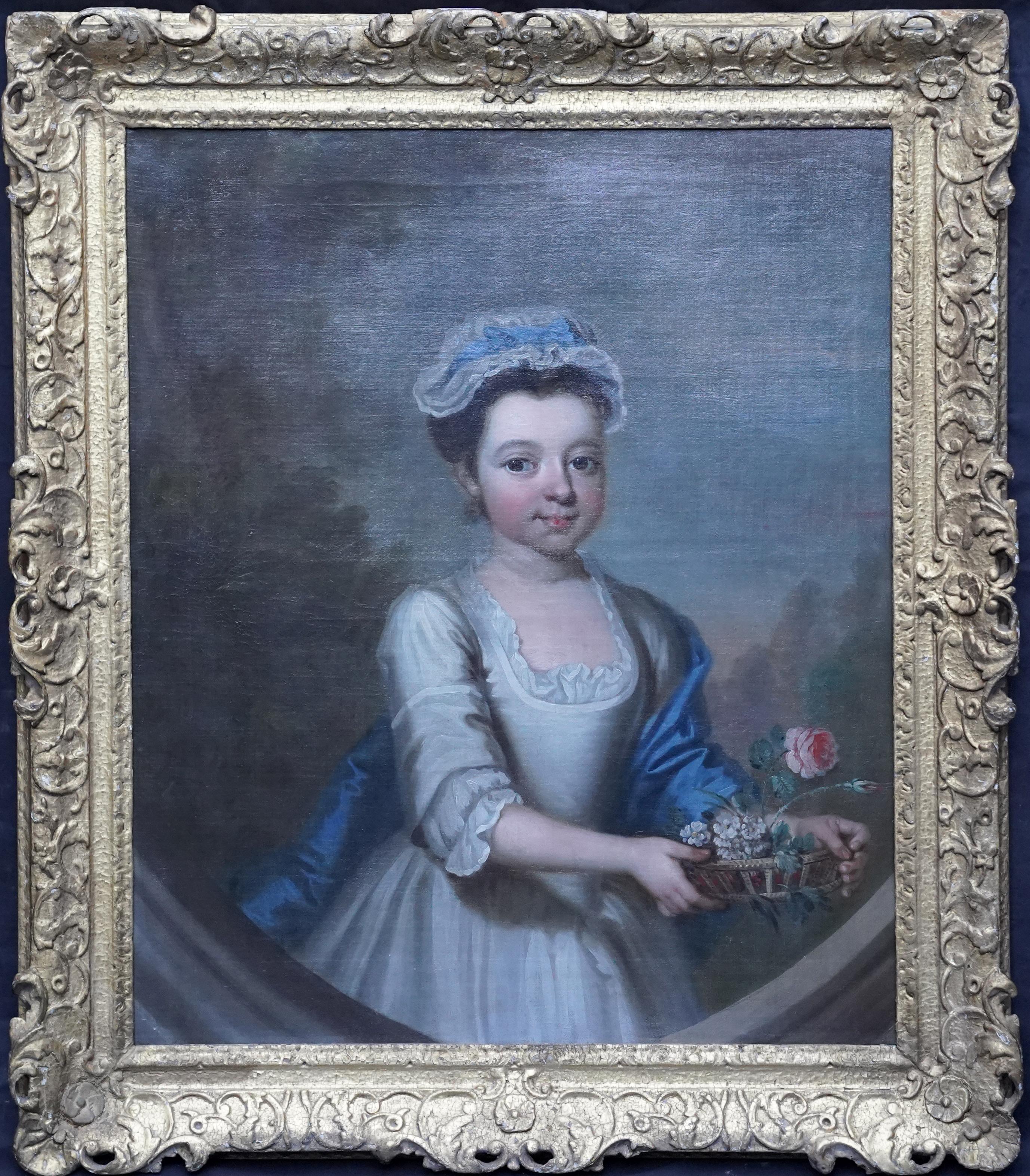 Portrait of a Girl with Basket of Flowers -British 18thC Old Master oil painting For Sale 7