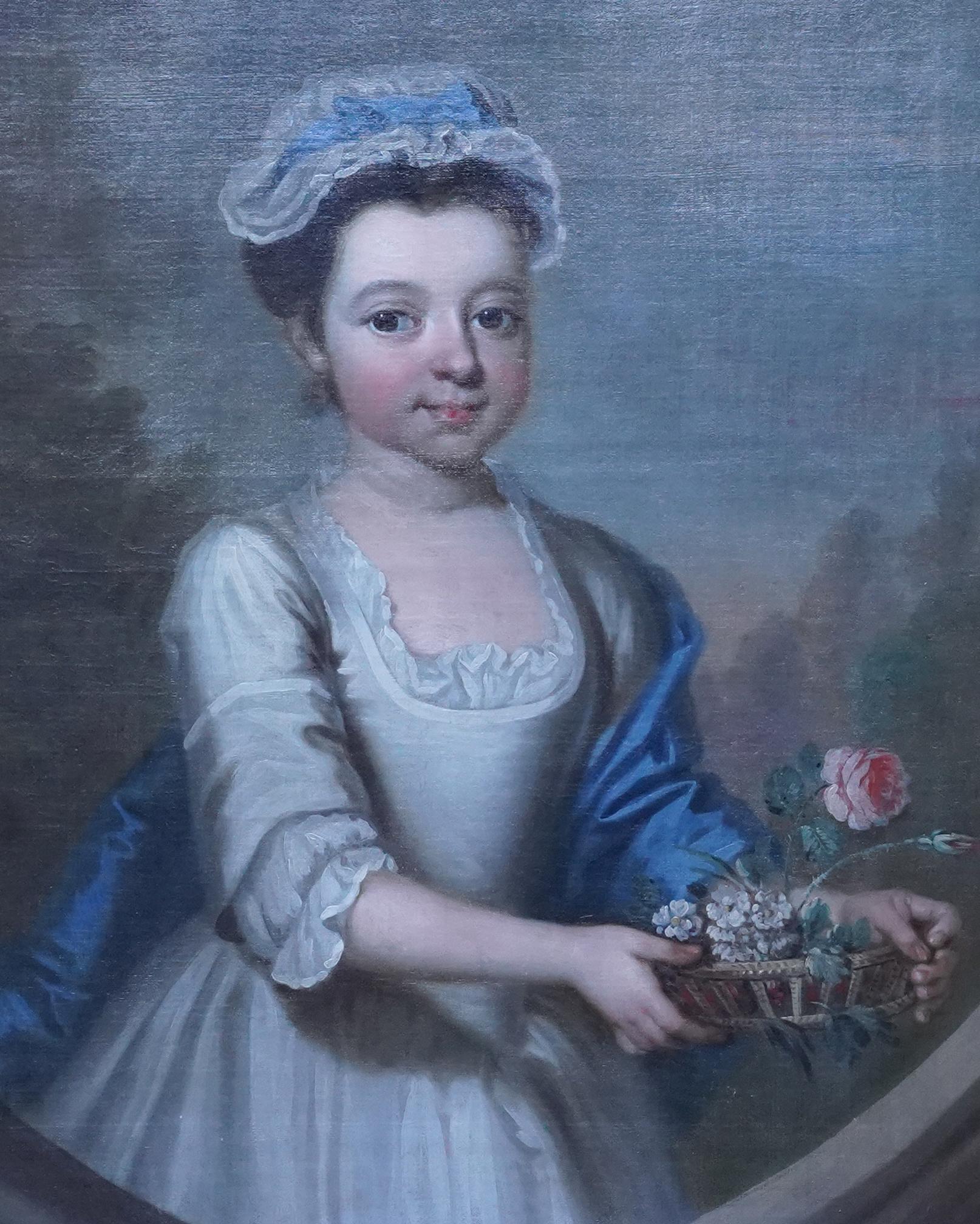 This charming 18th century Old Master cartouche portrait oil painting is attributed to the circle of Philip Mercier. Painted circa 1740 the composition is a three quarter length portrait of a young girl holding a wicker basket of flowers. She is