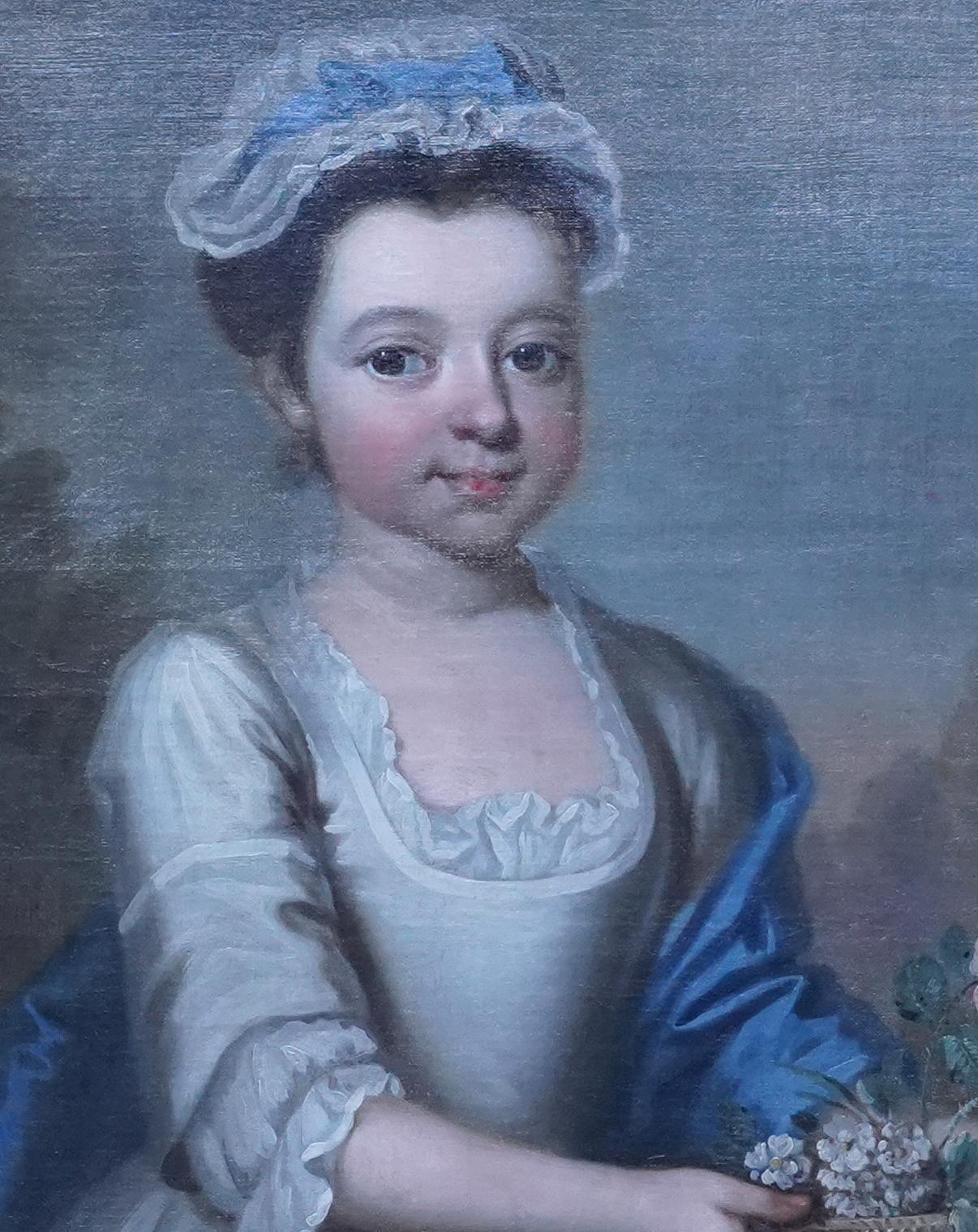 Portrait of a Girl with Basket of Flowers -British 18thC Old Master oil painting For Sale 1