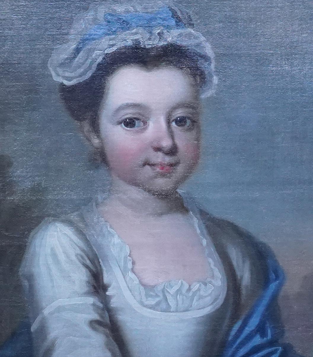 Portrait of a Girl with Basket of Flowers -British 18thC Old Master oil painting For Sale 2