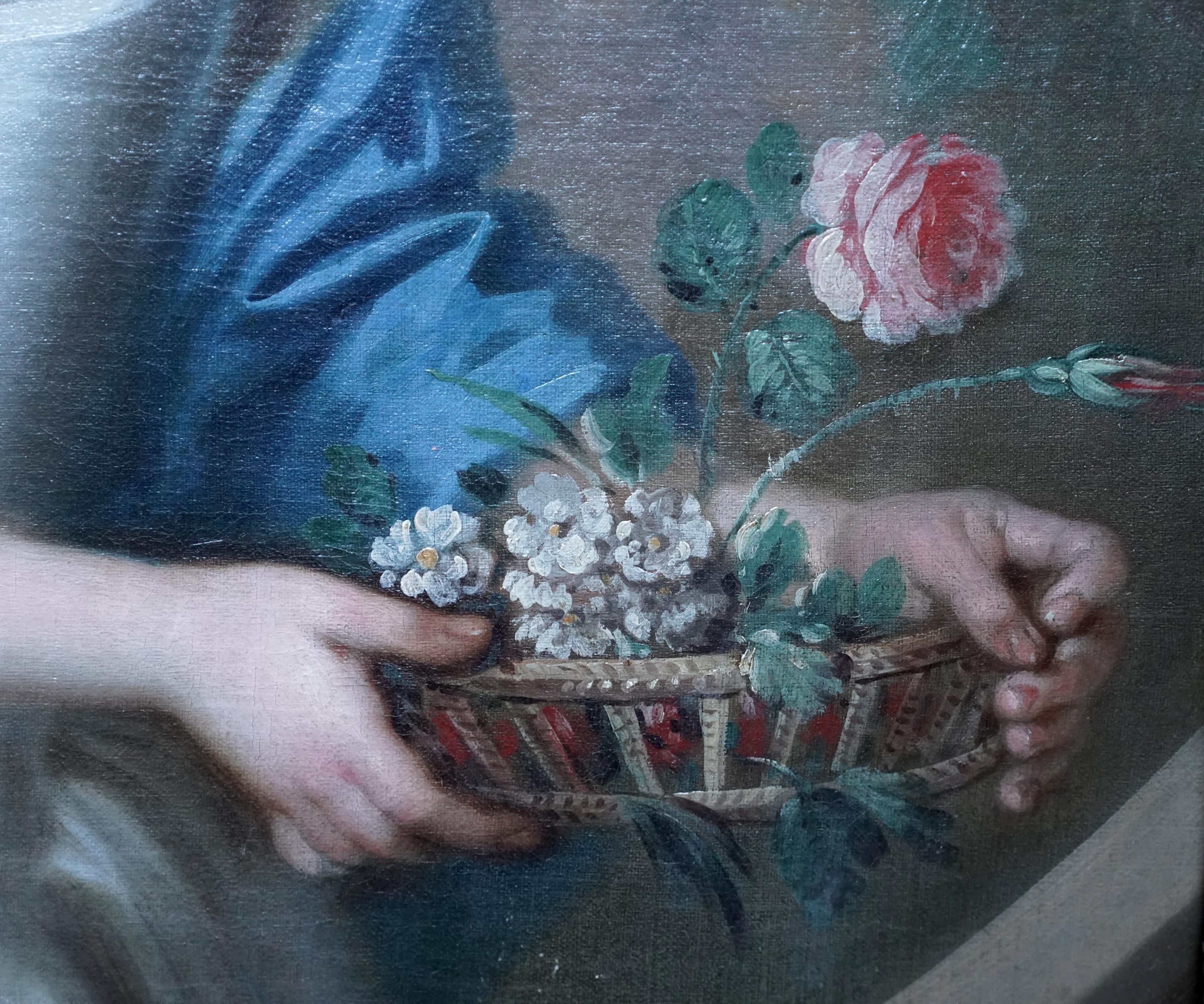 Portrait of a Girl with Basket of Flowers -British 18thC Old Master oil painting For Sale 4