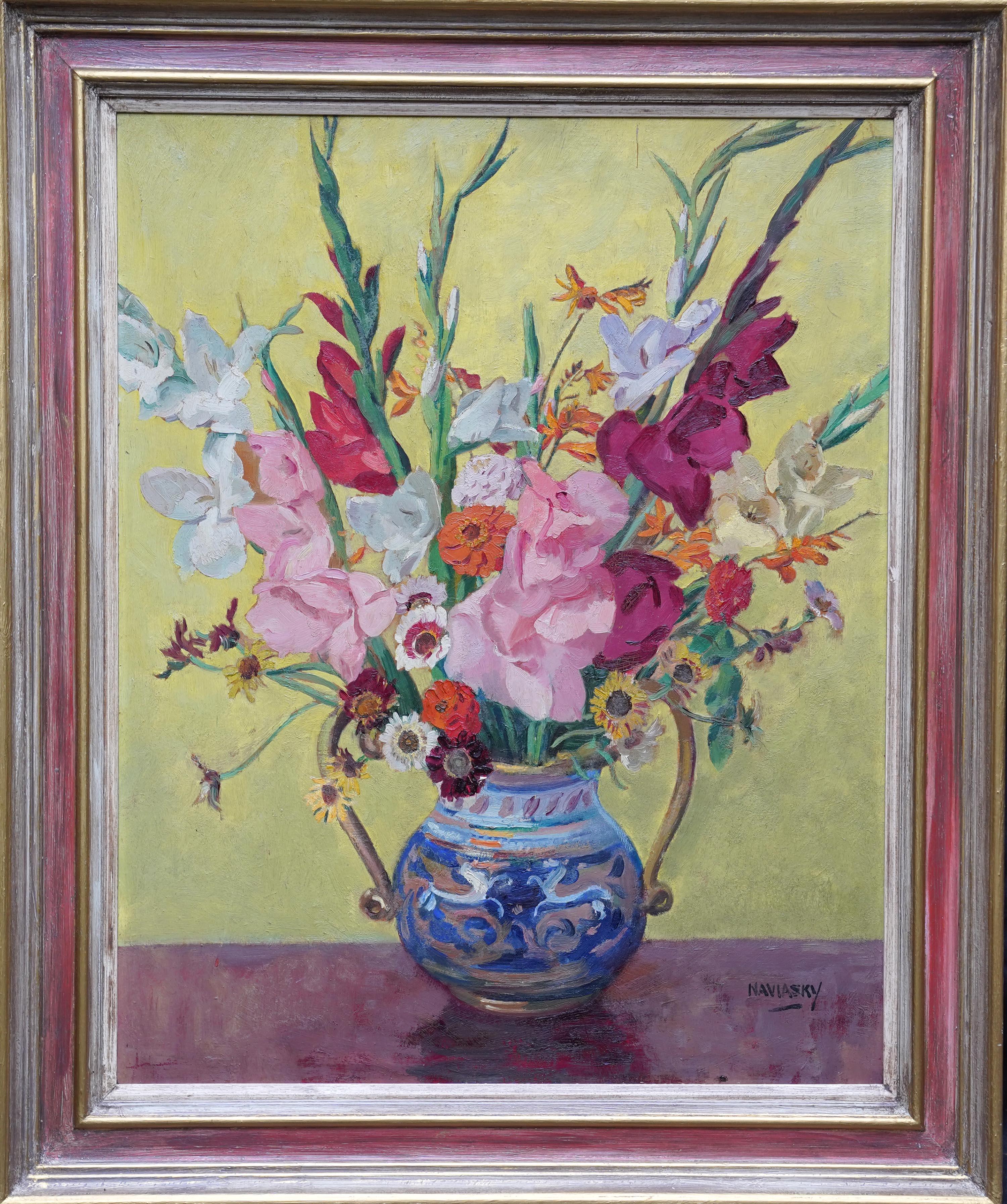 Gladiolos en jarrón - British 1030's floral bodegón arte pintura al óleo flores