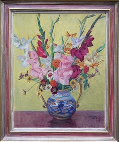 Gladioli in Vase - British 1030's floral still life art oil painting flowers