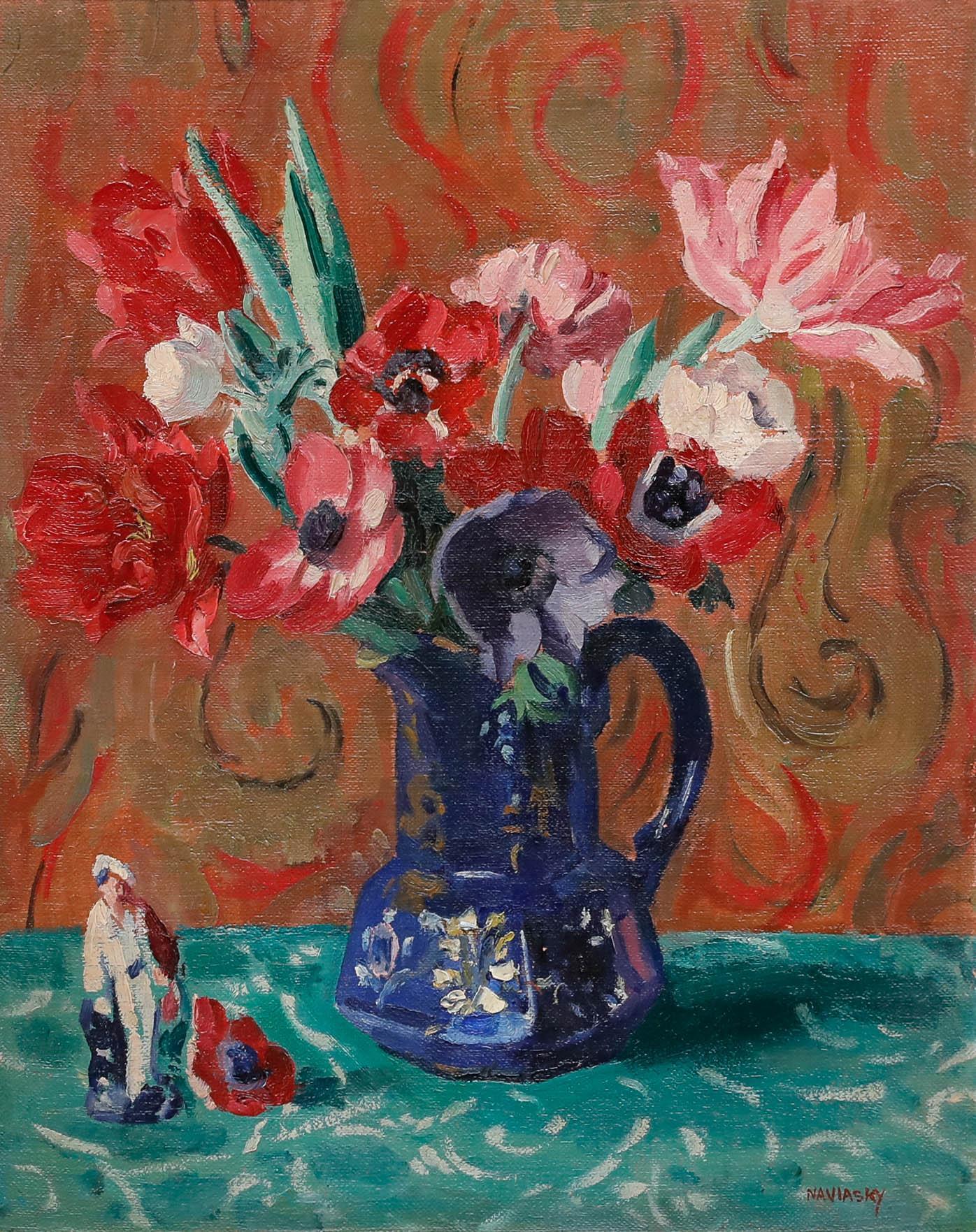 Philip Naviasky (1894-1983) - Olio della metà del XX secolo, Natura morta con figurina in vendita 1