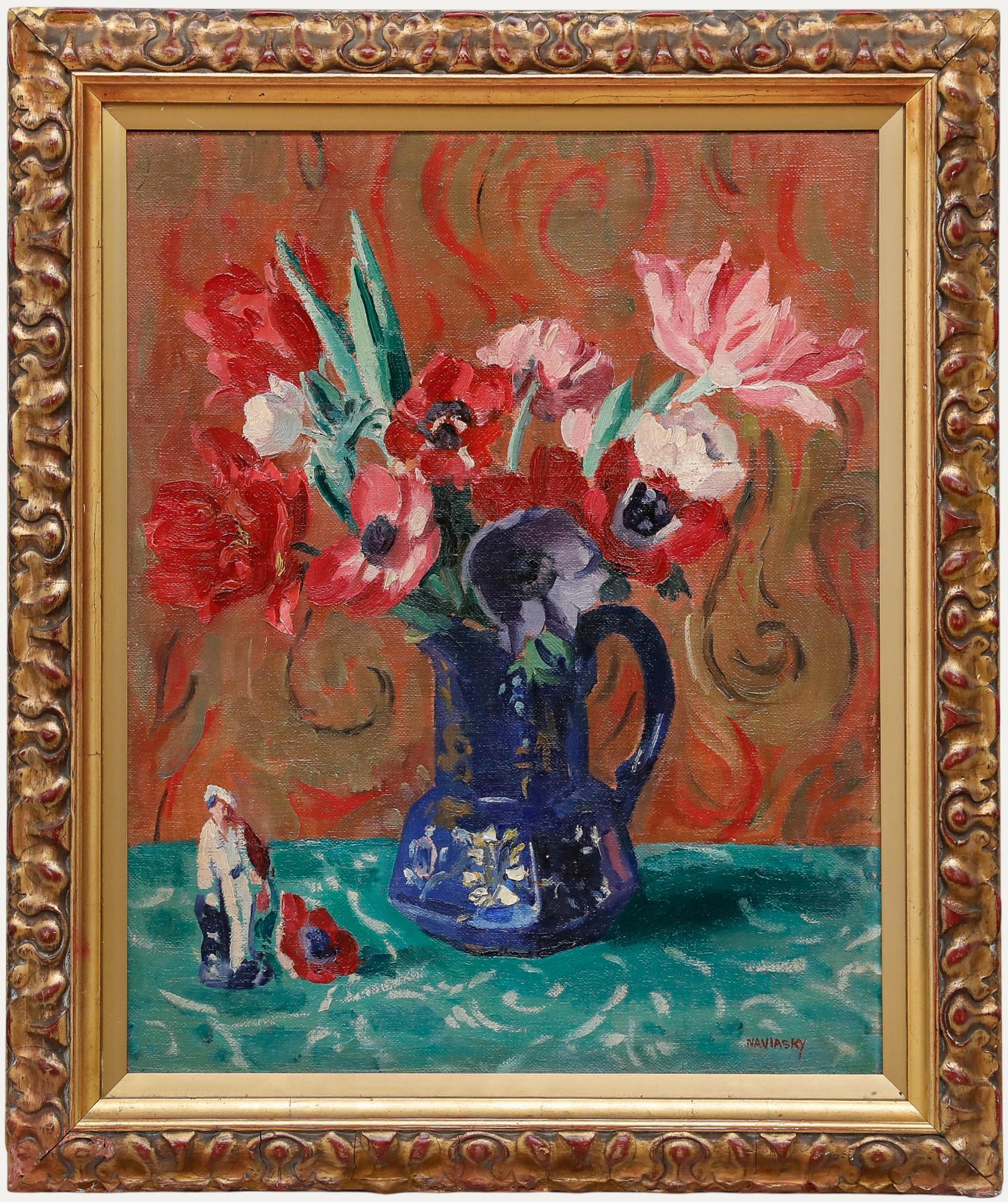 Philip Naviasky (1894-1983) - Olio della metà del XX secolo, Natura morta con figurina