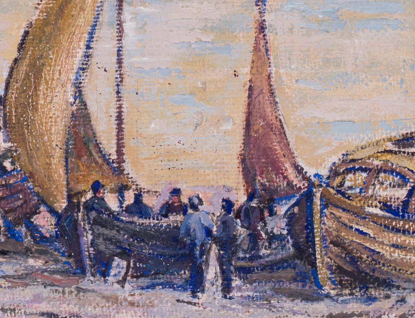 Britisches postimpressionistisches Ölgemälde des 20. Jahrhunderts mit Booten an der Küste (Post-Impressionismus), Painting, von Philip Naviasky