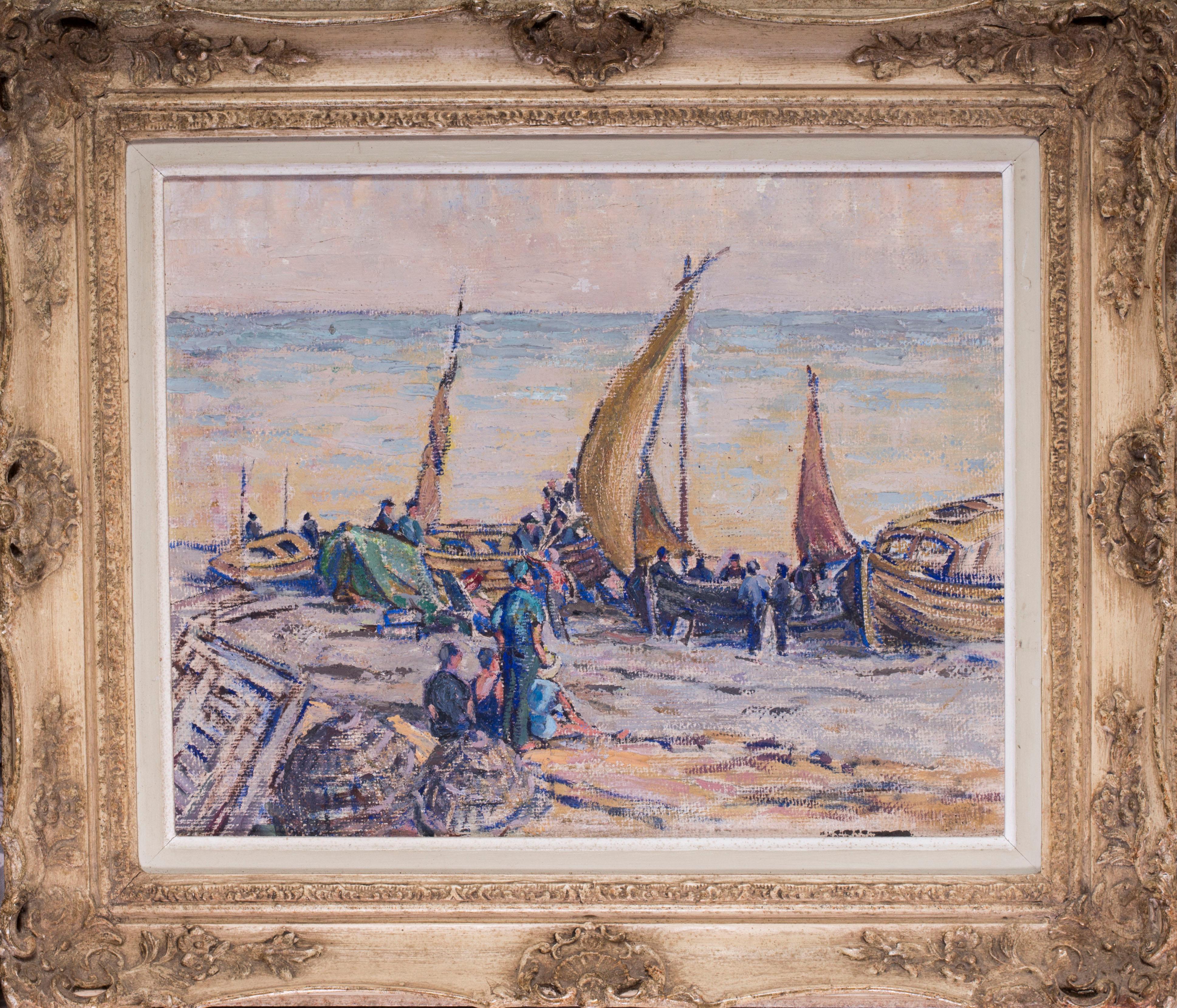 A British 20th Century Post Impressionist oil painting of boats on the seashore - Post-Impressionist Painting by Philip Naviasky