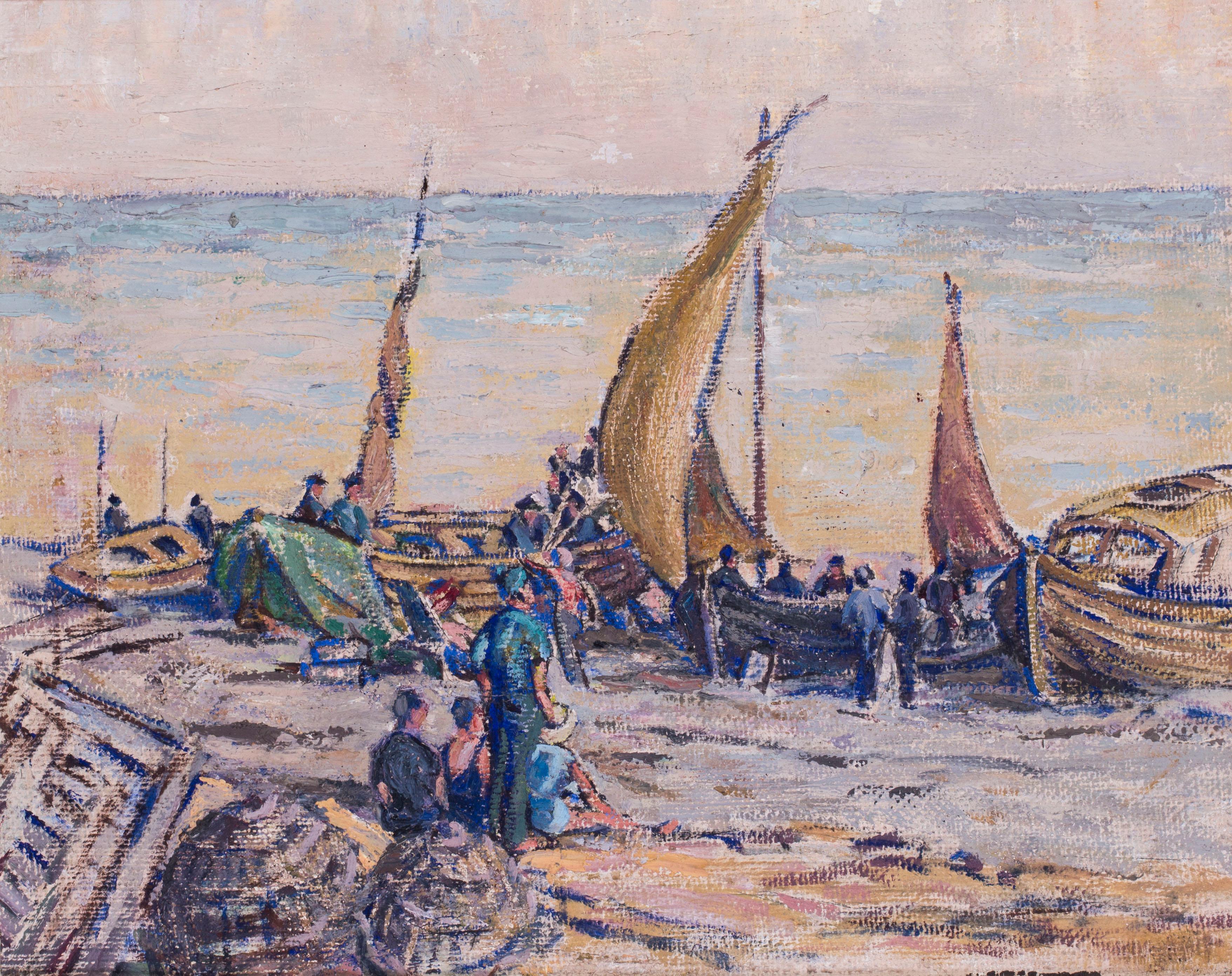 Philip Naviasky Landscape Painting ��– Britisches postimpressionistisches Ölgemälde des 20. Jahrhunderts mit Booten an der Küste