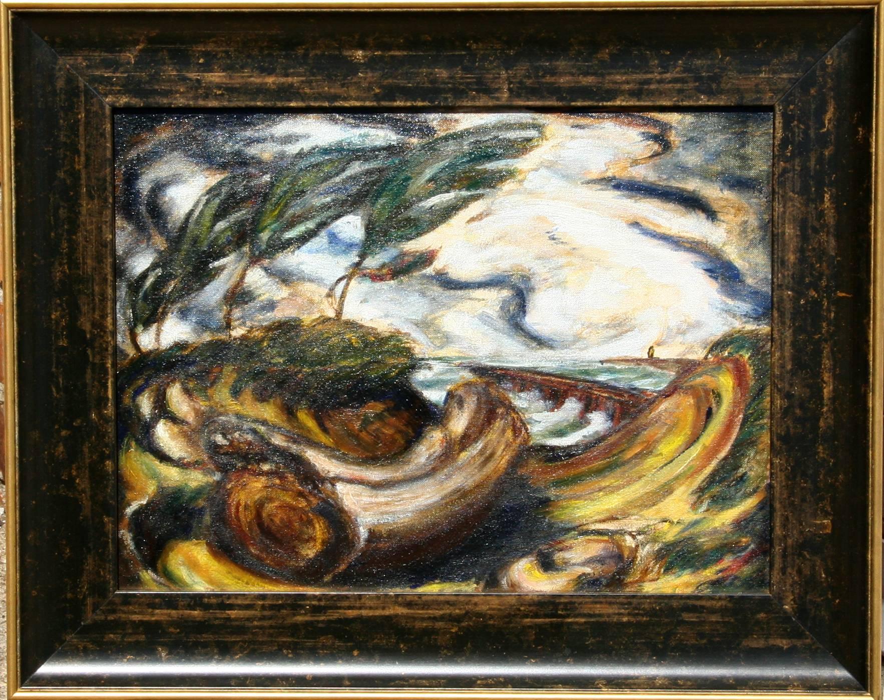 Künstler: Philip Pearlstein, Amerikaner (1924 - )
Titel: Landschaft
Jahr: um 1940
Medium: Öl auf Karton 
Größe: 12 in. x 26 in. (30,48 cm x 66,04 cm)
Rahmengröße: 16,5 x 20,5 Zoll