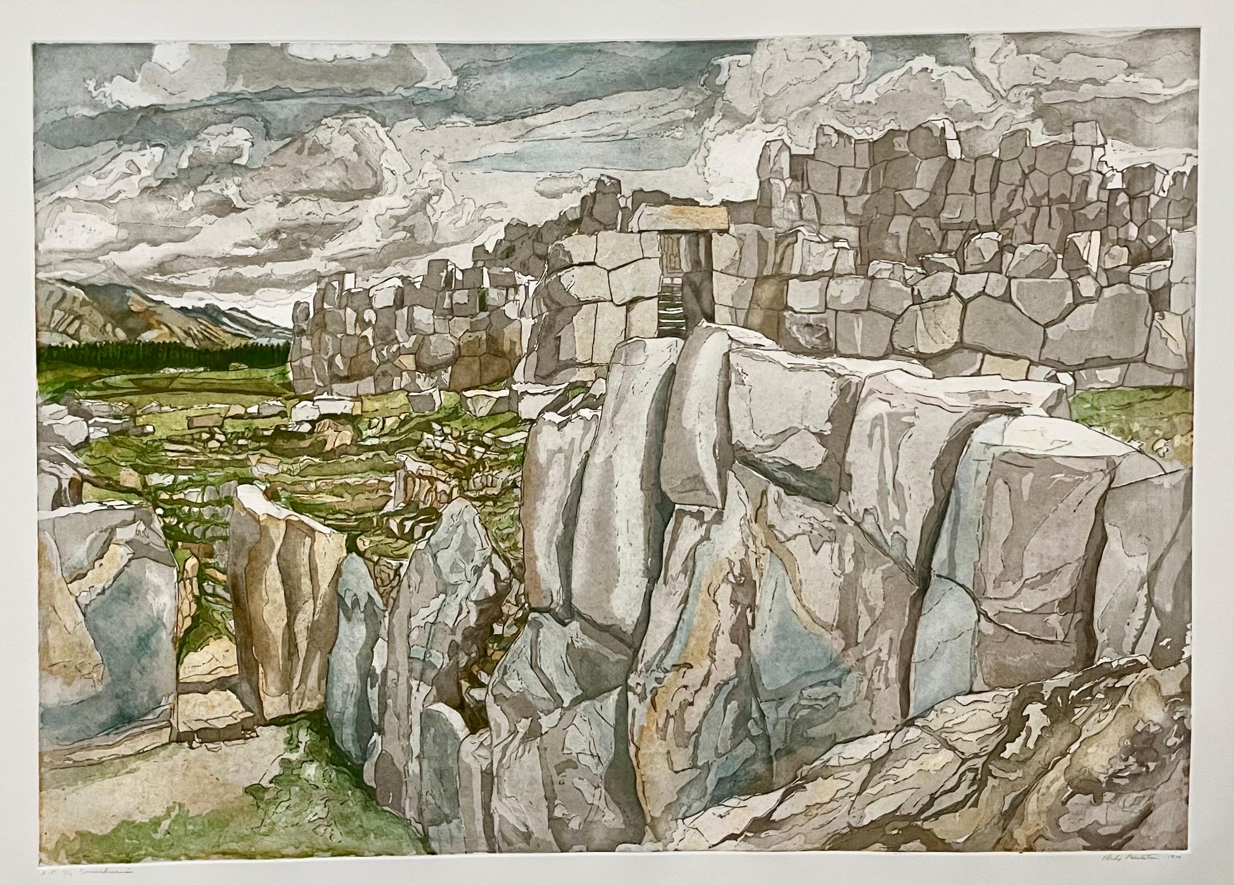 Philip Pearlstein (estadounidense, 1924-)
Gran paisaje de Sacsahuaman Aguafuerte Aguatinta, 1979
De la serie Ruinas y Paisajes. 
Aguatinta y ruleta sobre papel marfil. 

Sacsayhuamán, a menudo escrito Sacsahuaman o Saqsaywaman (del quechua