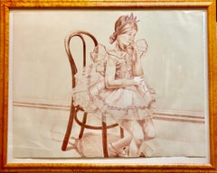 Vintage Girl in Ballerina Dress (Thonet Chair) Color Lithograph, American Modernist