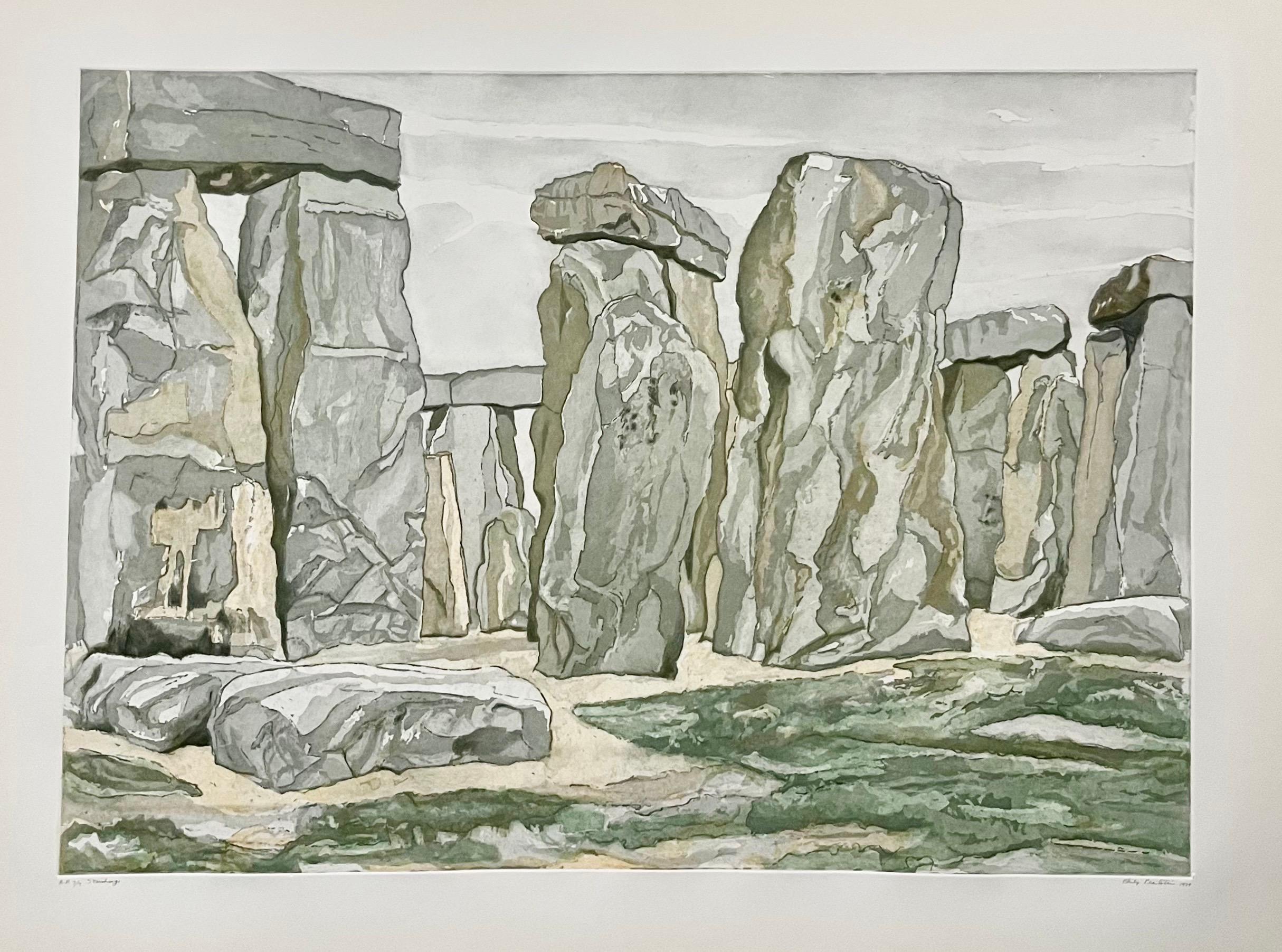 Gran paisaje moderno americano de Stonehenge Aguafuerte Philip Pearlstein