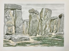 Vintage Large American Modern Stonehenge Landscape Aquatint Etching Philip Pearlstein 