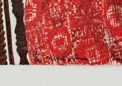 Contemporary color lithograph nude female figures horses red black signed