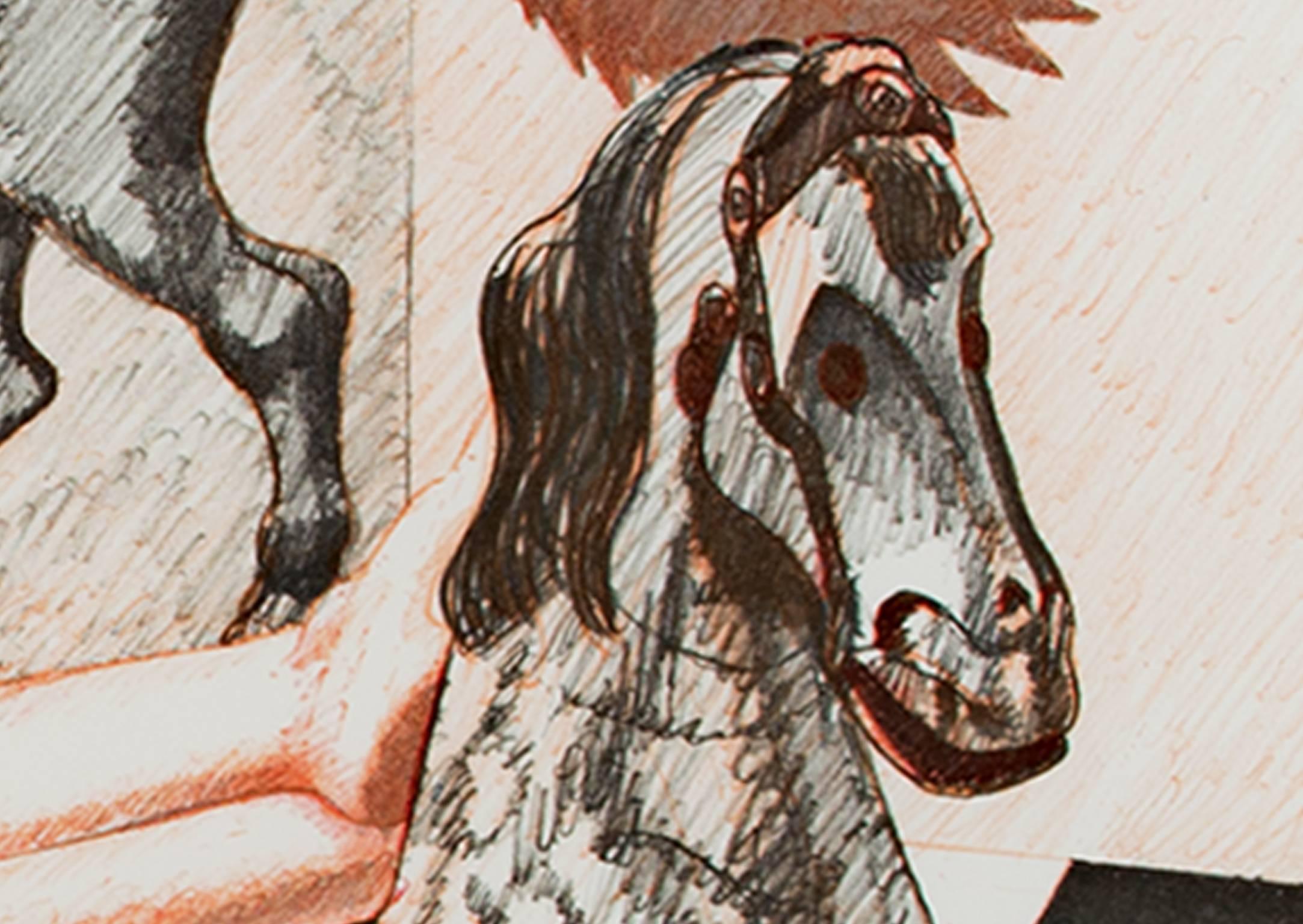 Litografia contemporanea a colori con figure femminili nude di cavalli rosso nero firmata - Print Realismo americano di Philip Pearlstein