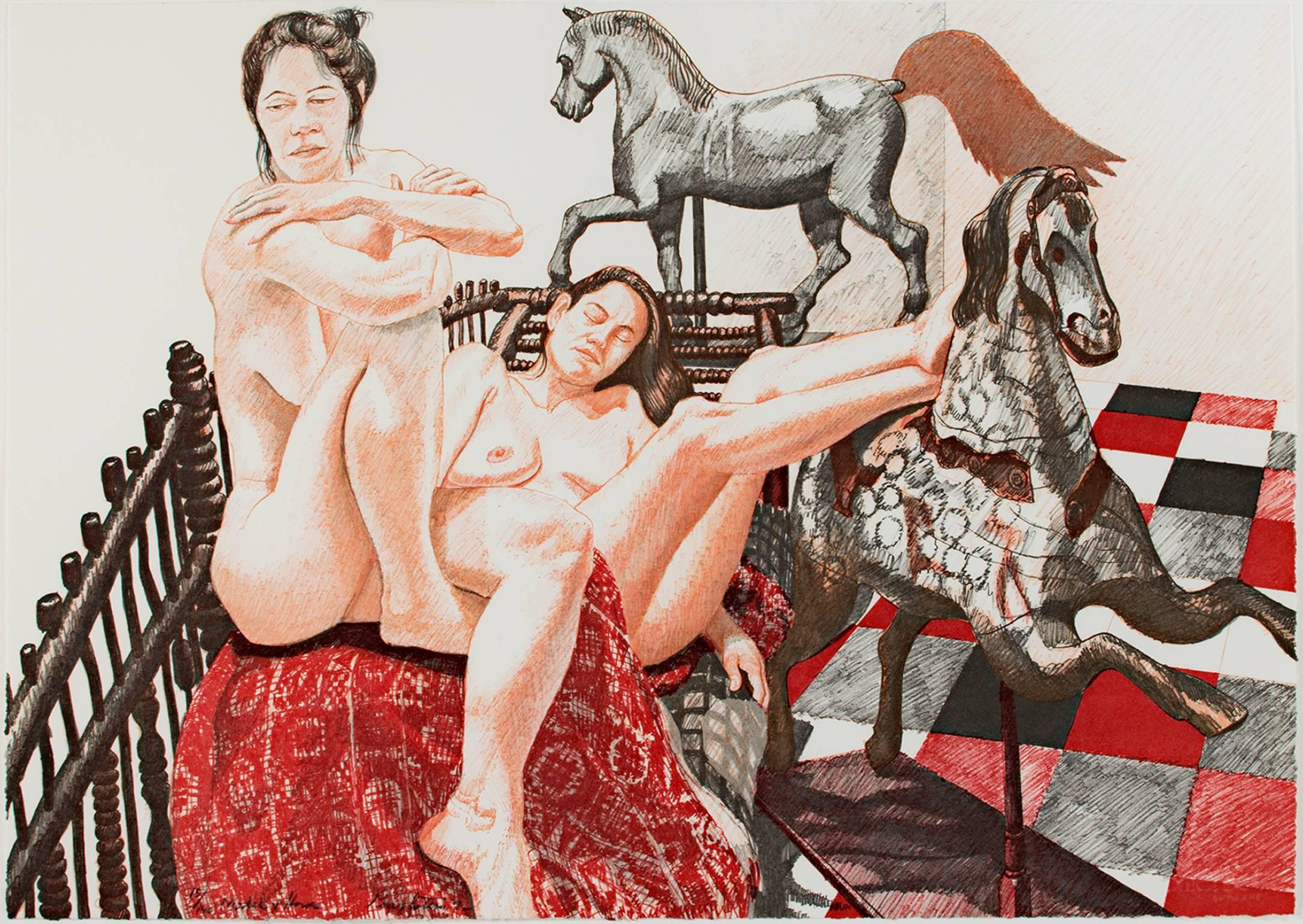"Models & Horses" est une lithographie originale en couleurs de Philip Pearlstein. L'artiste a signé l'œuvre en bas à gauche et l'édition est de 15/140. Cette pièce présente deux modèles féminins nus se prélassant avec des accessoires de chevaux.