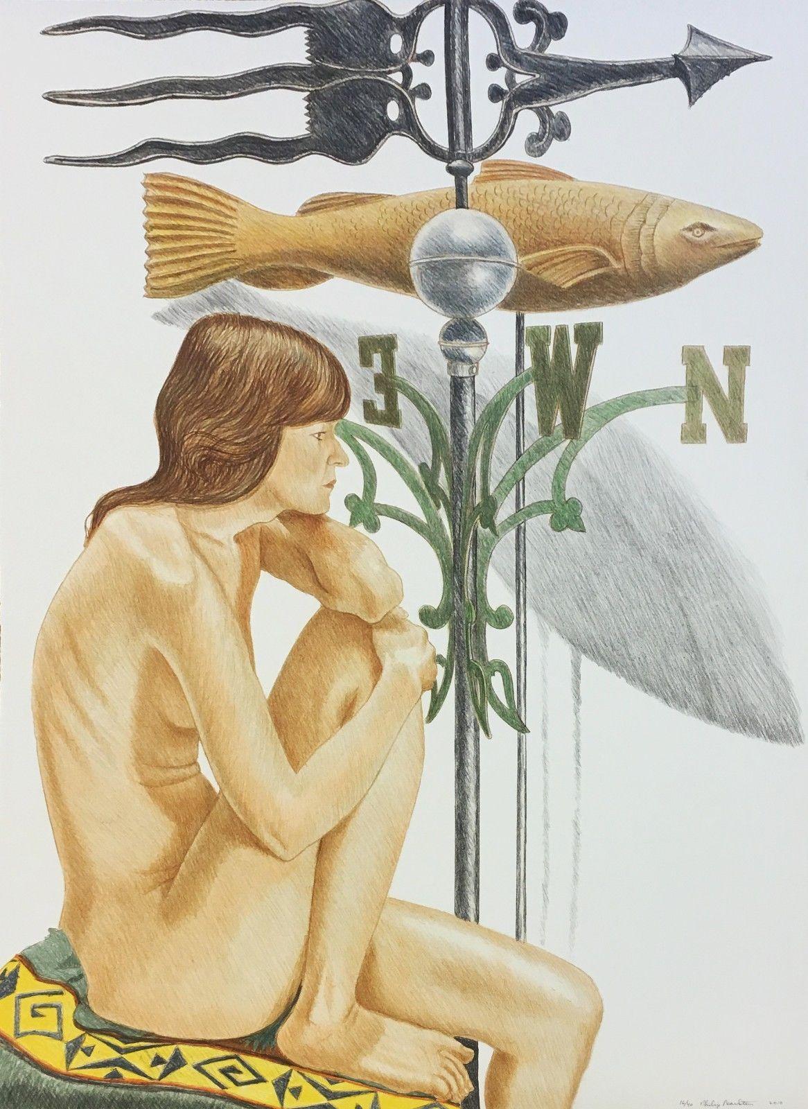 Philip Pearlstein Nude Print - NUDE MODEL WITH BANNER AND FISH WEATHERVANE