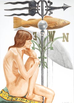 Modelo desnuda con pancarta y veleta de pez, por Philip Pearlstein