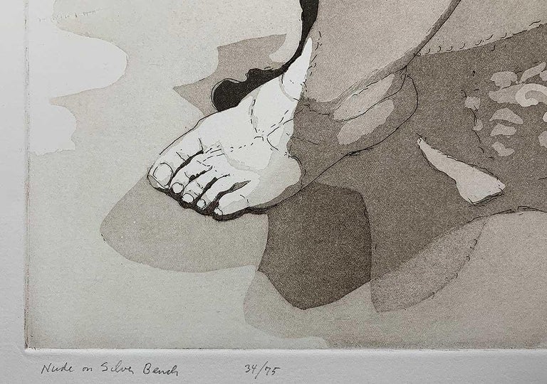 Nude on a Silver Bench is a very subtle color etching and aquatint in an edition of 75

An Impression of this image is in the High Museum in Atlanta, GA.
Philip Pearlstein was born in Pittsburgh, PA, in 1924. In 1941, his junior year in high school,