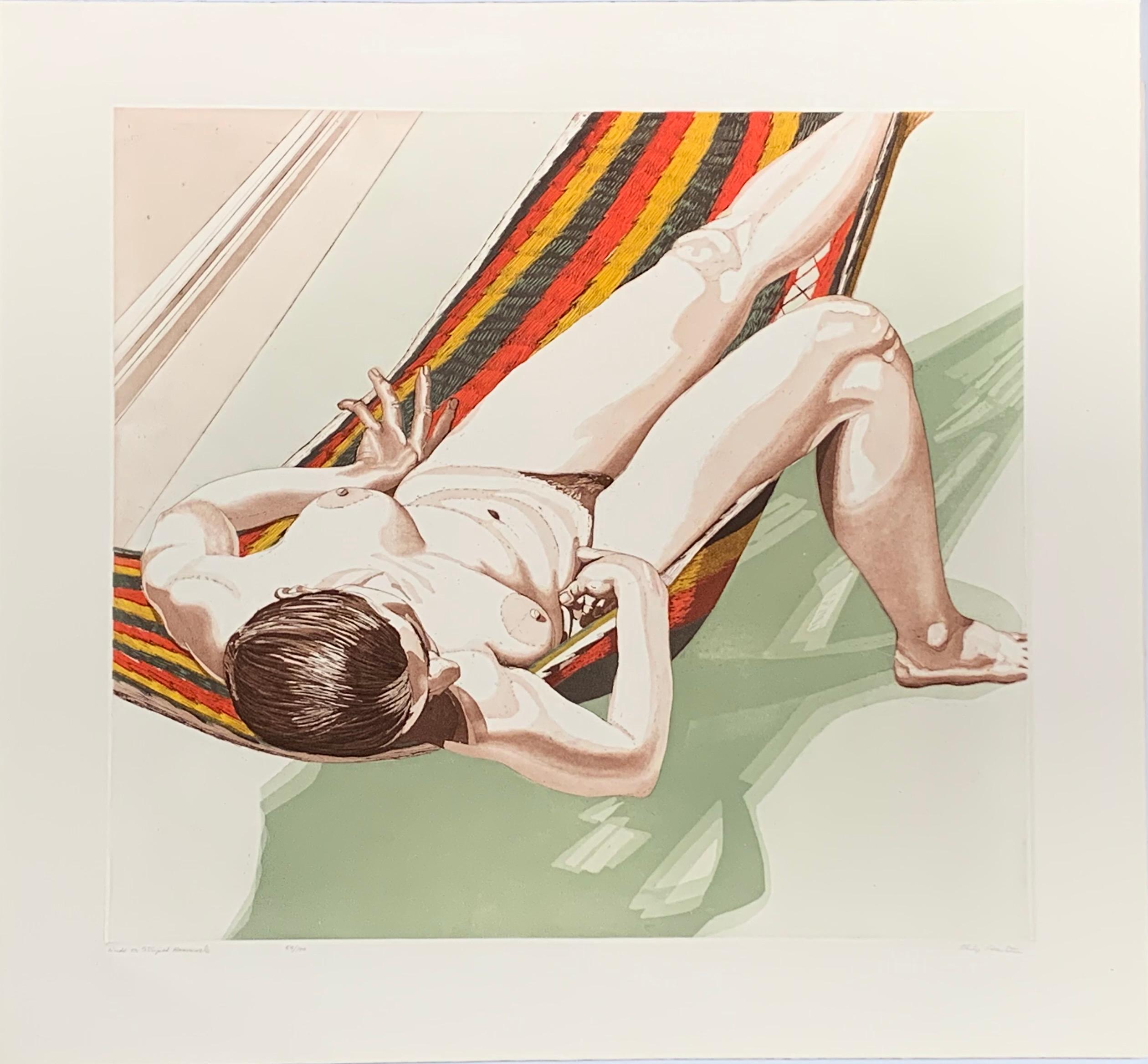 Philip Pearlstein Figurative Print - NUDE ON STRIPED HAMMOCK.