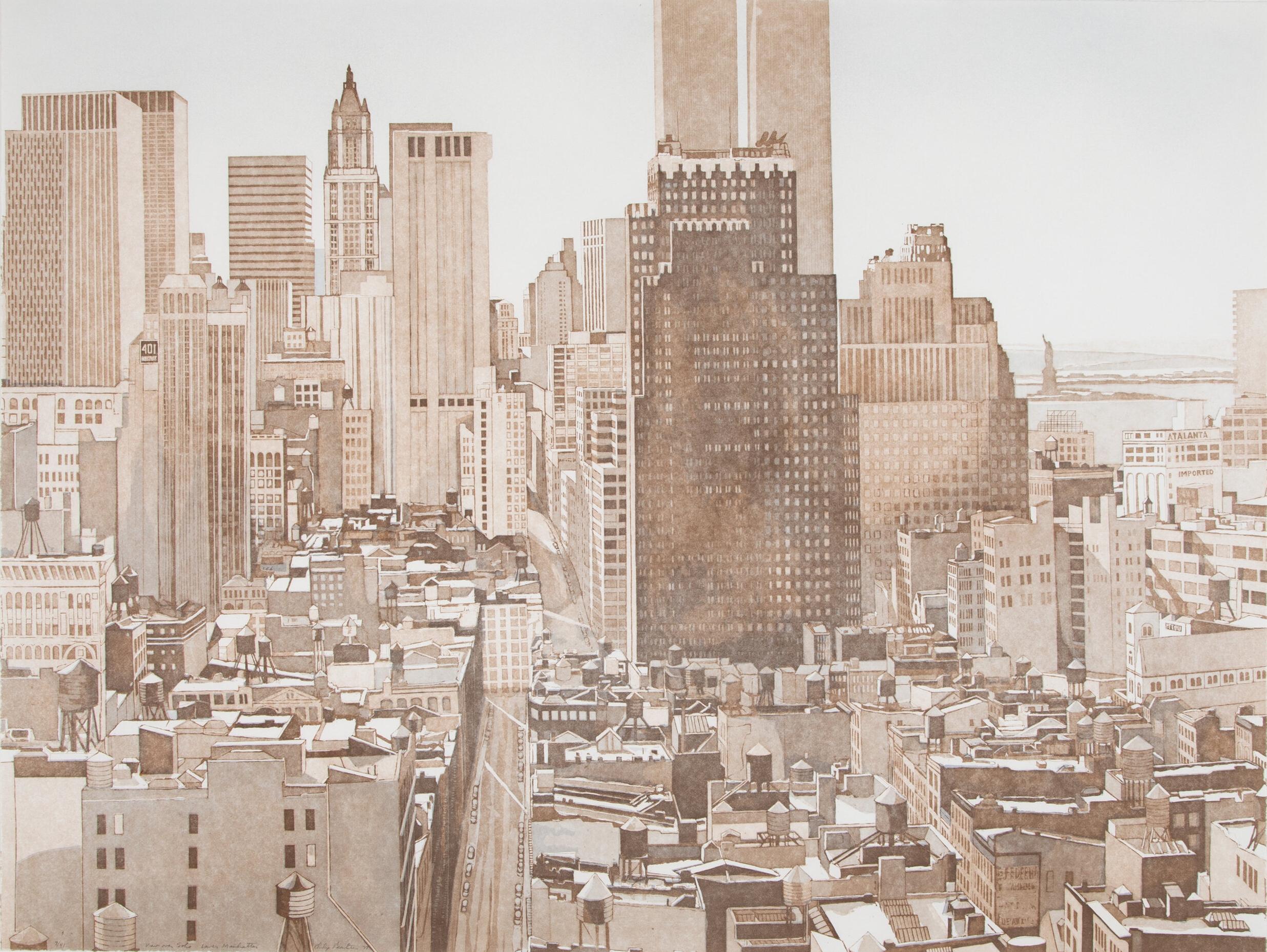 Philip Pearlstein (1924-2022)
View Over Soho, Lower Manhattan, 1977
Aquatint in colors on wove paper
Edition 7/41
Signed, editioned and titled in pencil lower left
Printed by the Orlando Condeso Workshop, New York.
Co-published by the artist and