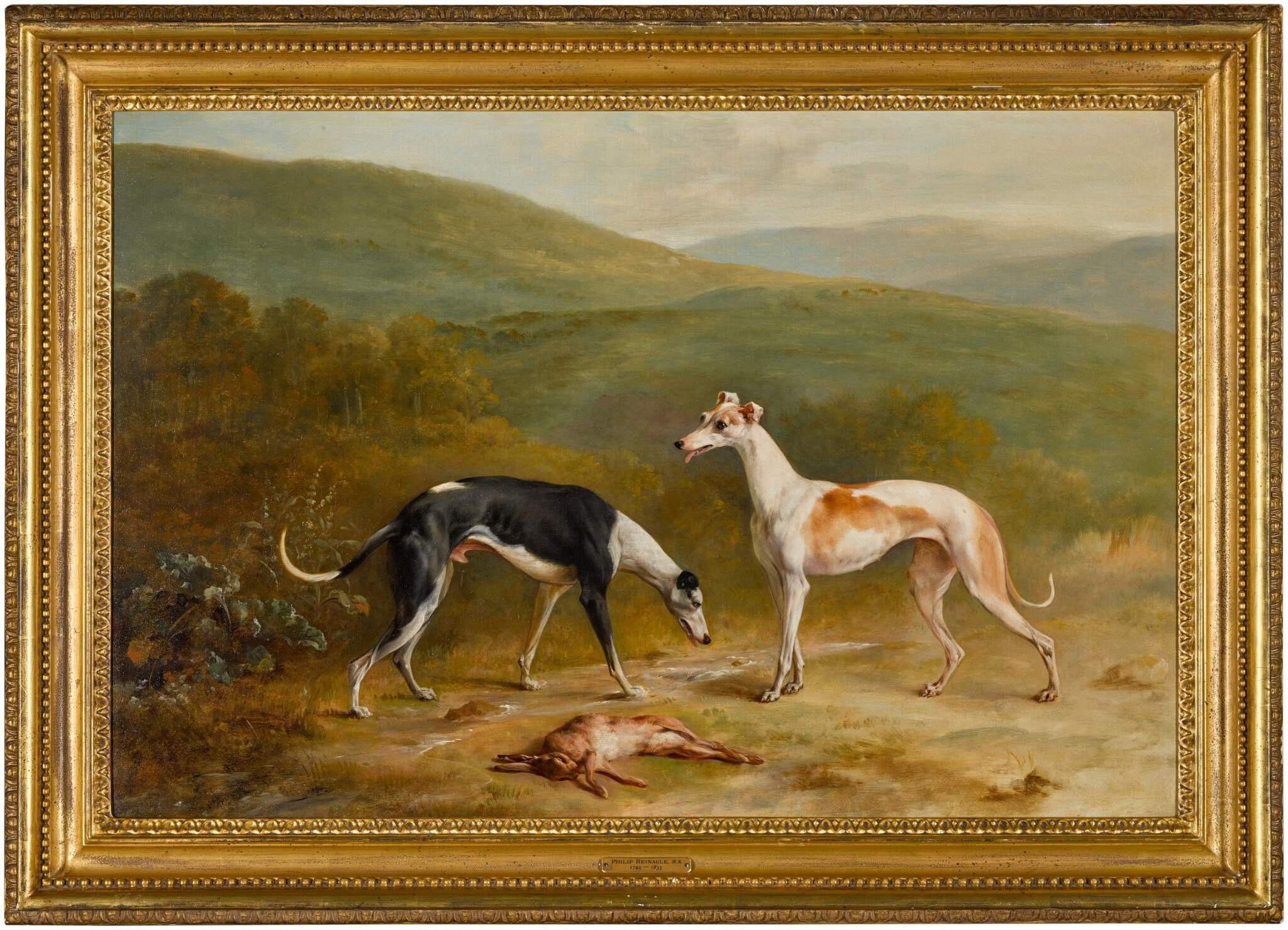 Philip Reinagle  Portrait Painting - 18th century portrait of two greyhound dogs in an extensive landscape