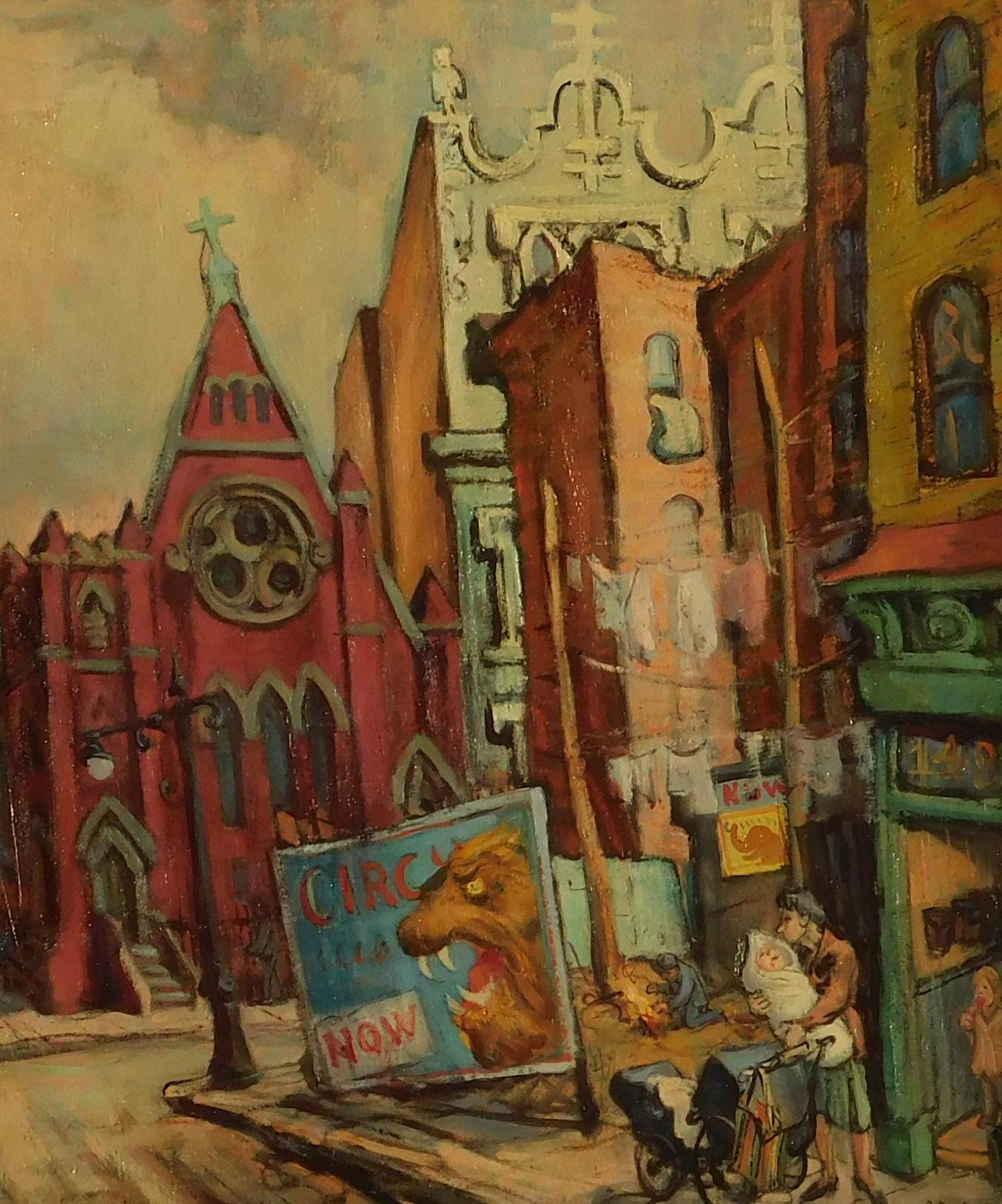 Philip Reisman Early Painting New York Subject - Delaney Street For Sale 1