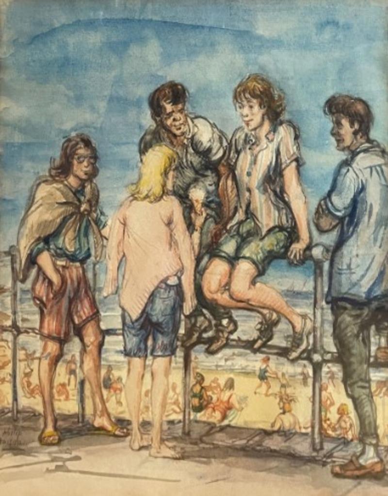 Philip Reisman Portrait Painting - "Teenagers, Coney Island" Outdoor Scene, Figures in Landscape, Beach, New York