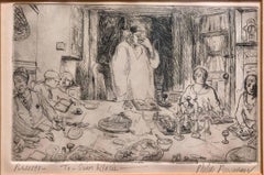 Judaica Etching Passover Seder Scene WPA Artist