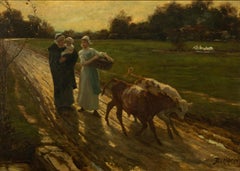 Impressionistisches Gemälde des 19. Jahrhunderts, Öl auf Leinwand, Gemälde, bukolische figurale Landschaft, 1880