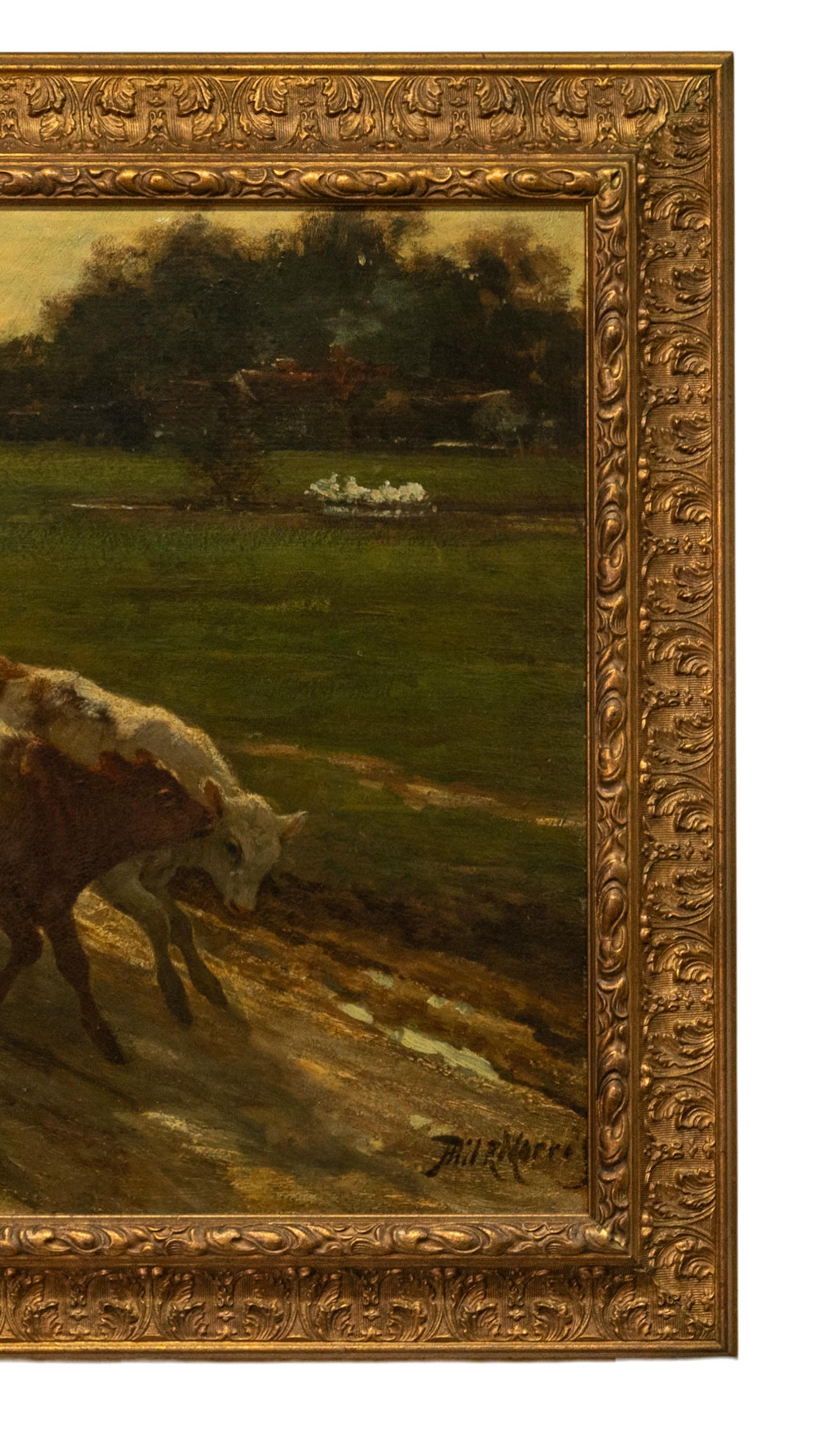 Un pregiato olio antico su tela di Philip Richard Morris ARA (Antique British 1836-1902), un paesaggio pastorale figurato impressionista, circa 1880.
Una bella scena bucolica di contadine in abiti tradizionali, una con un bambino in braccio e