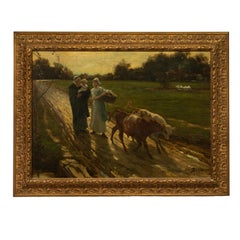 Antique 19th Century Impressionist Oil on Canvas Painting Bucolic Figural Landscape 1880
