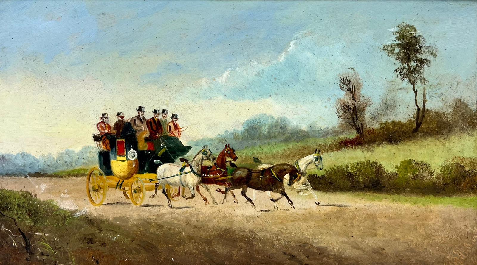 Antique English Signed Oil Coach & Four Horses with Passengers in Countryside  - Painting by Philip Rideout