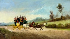 Antiguo óleo inglés firmado Carroza y cuatro caballos con pasajeros en el campo