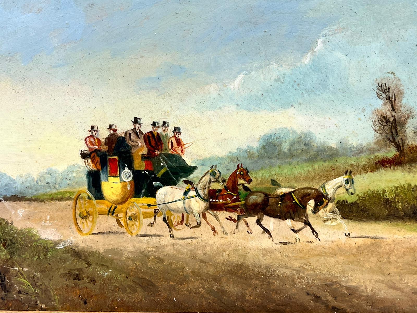 Antique English Signed Oil Coach & Four Horses with Passengers in Countryside  For Sale 1