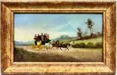 Coach à l'huile anglais ancien signé et quatre chevaux avec passagers dans la campagne 