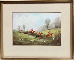 Antikes Ölgemälde „ Huntsman & Hounds Clearing the Hedge“, englische Fuchsjagd