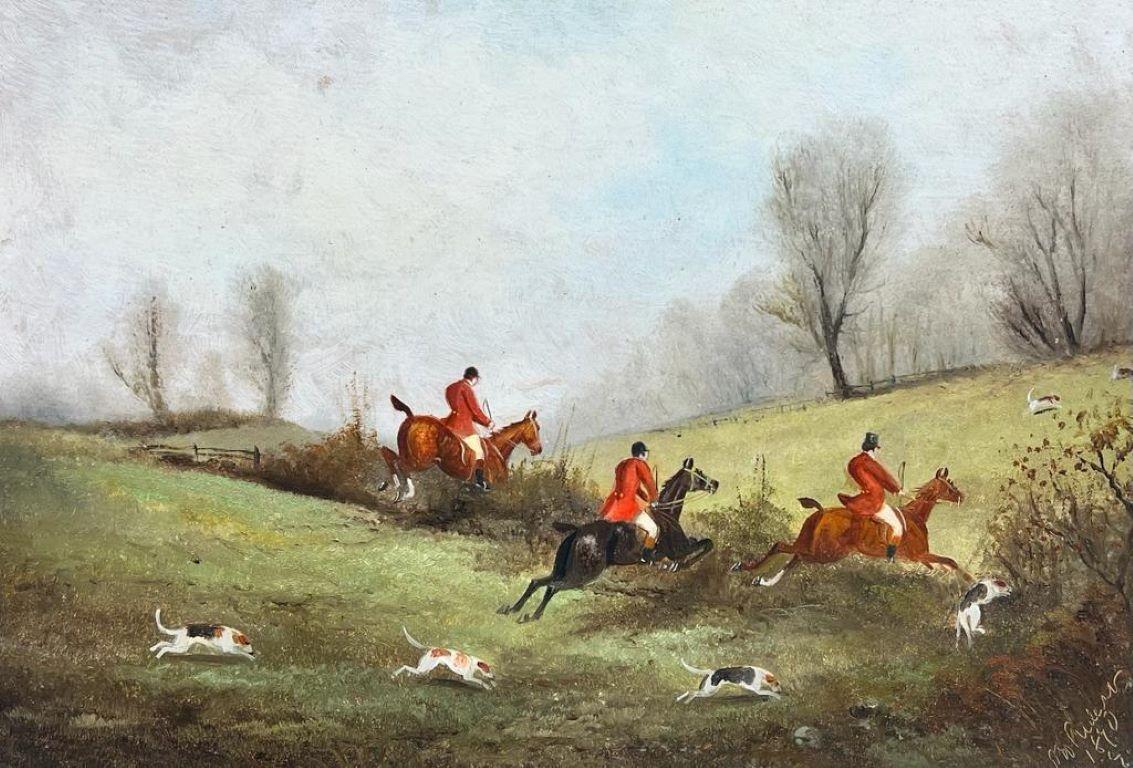Philip Rideout Landscape Painting - The English Fox Hunt Antique Oil Painting Huntsman & Hounds Clearing the Hedge