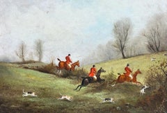 The English Fox Hunt Antique Oil Painting Huntsman & Hounds Clearing the Hedge