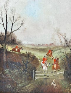 Antique The English Fox Hunt Oil Painting Huntsman & Hounds Jumping Gate Sporting Art