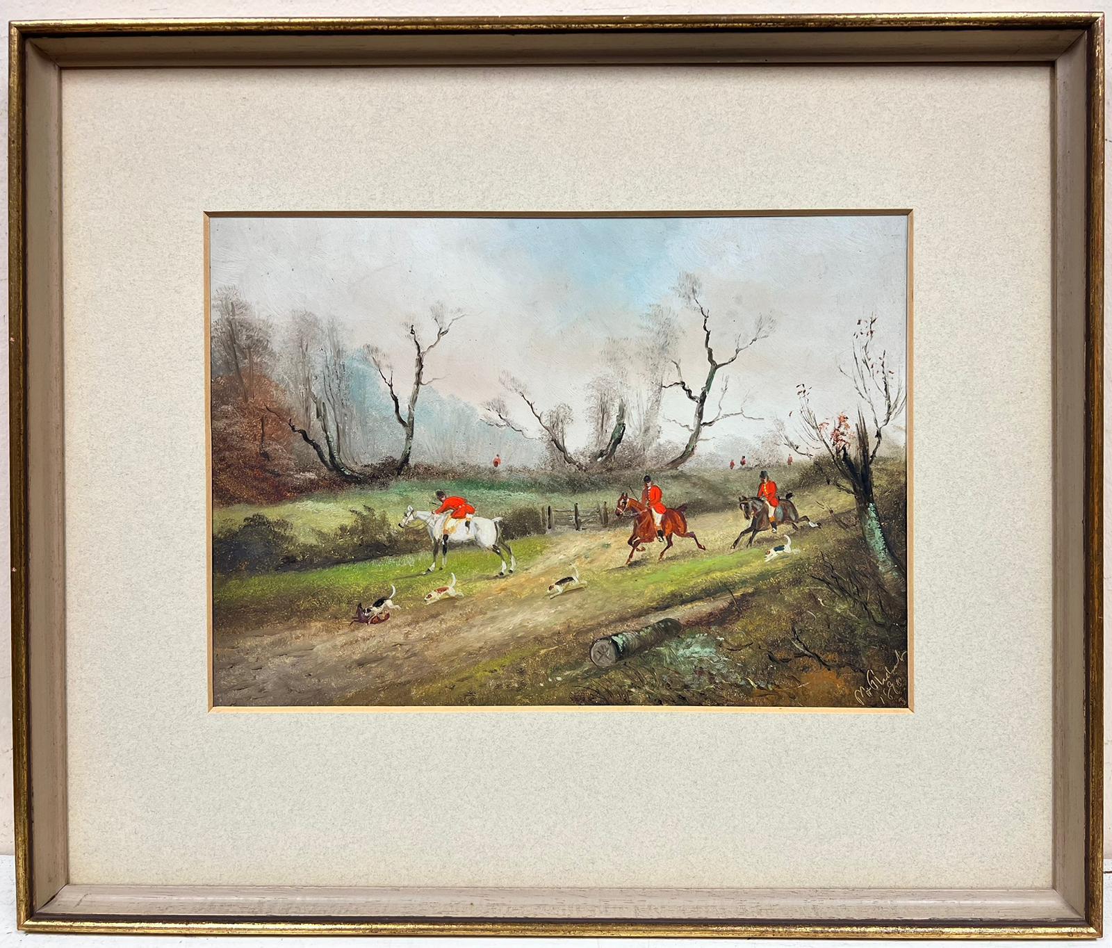 La caccia alla volpe inglese Pittura ad olio Cacciatore con giacche rosse a cavallo e segugi - Painting di Philip Rideout