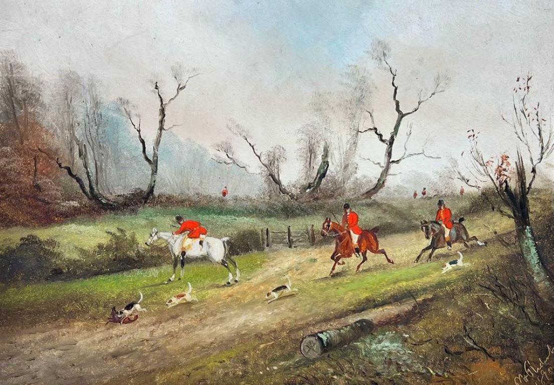 Landscape Painting di Philip Rideout - La caccia alla volpe inglese Pittura ad olio Cacciatore con giacche rosse a cavallo e segugi
