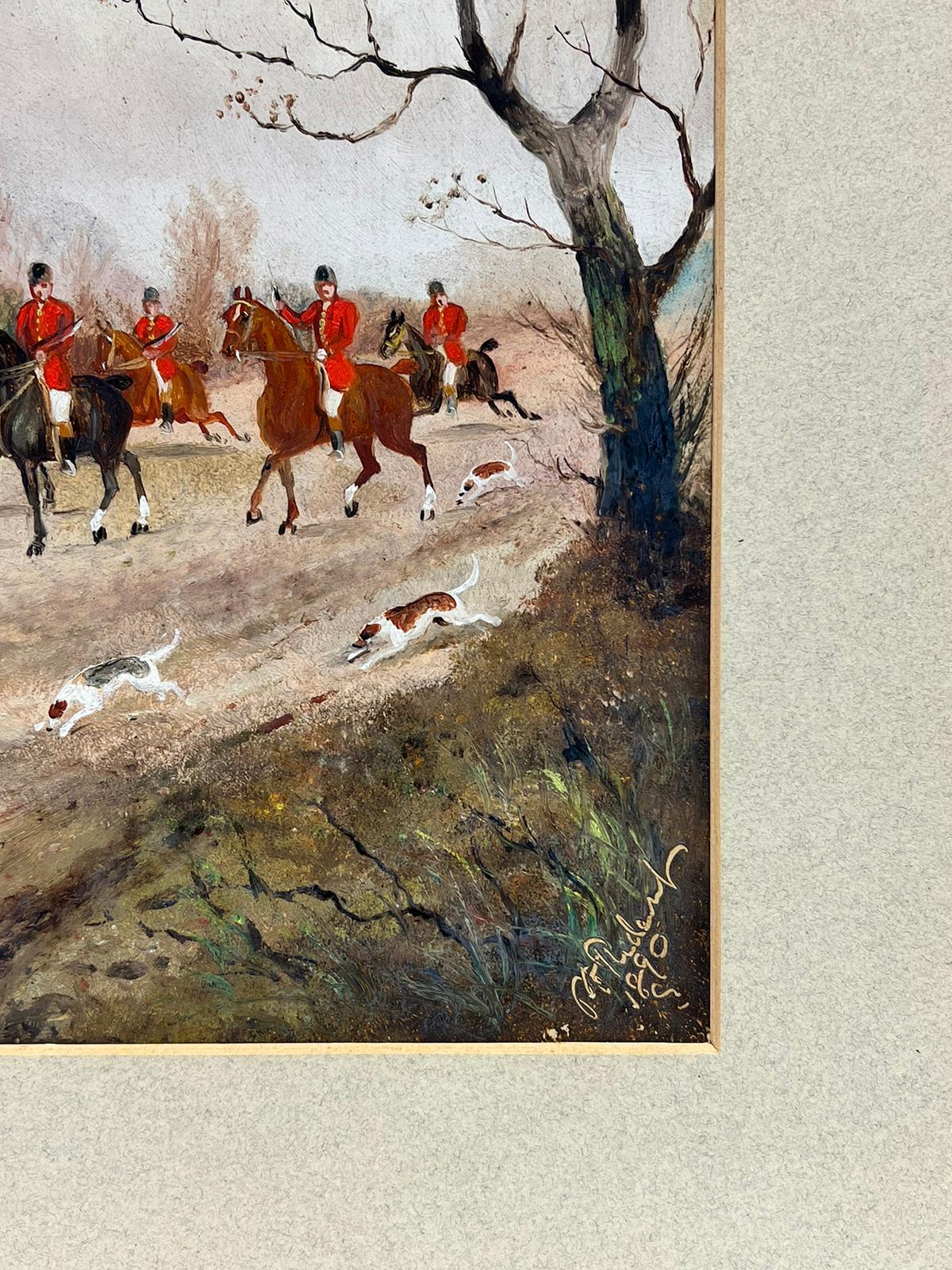 Peinture à l'huile de la chasse à la renard anglaise - Grand groupe - Huntsman & Hounds in Countryside - Victorien Painting par Philip Rideout