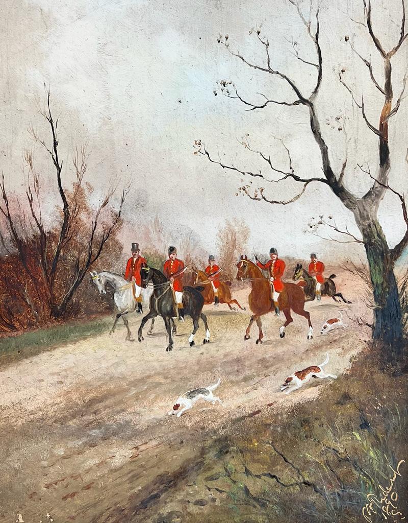 Animal Painting Philip Rideout - Peinture à l'huile de la chasse à la renard anglaise - Grand groupe - Huntsman & Hounds in Countryside