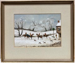 The English Fox Hunt Oil Painting Winter Snow Hunt Meeting outside Country Inn