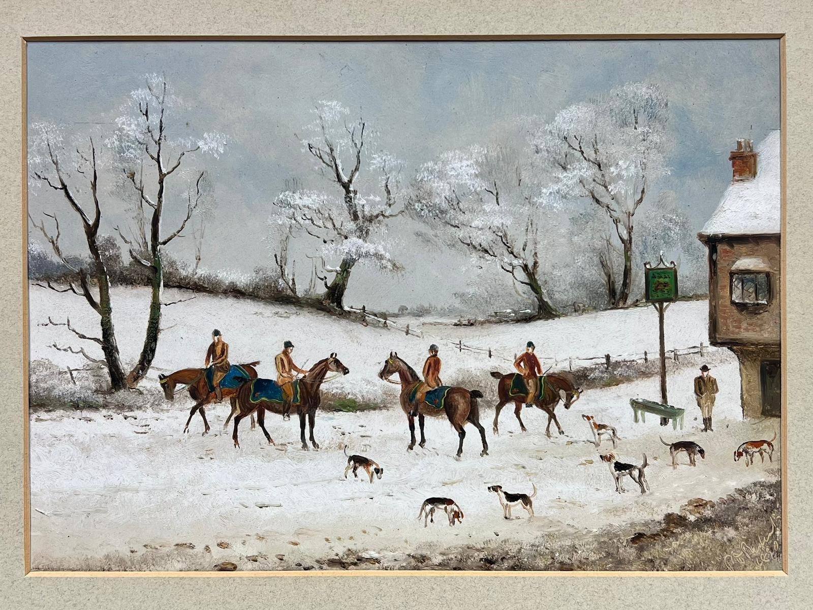 The English Fox Hunt Oil Painting Winter Snow Hunt Meeting outside Country Inn 1