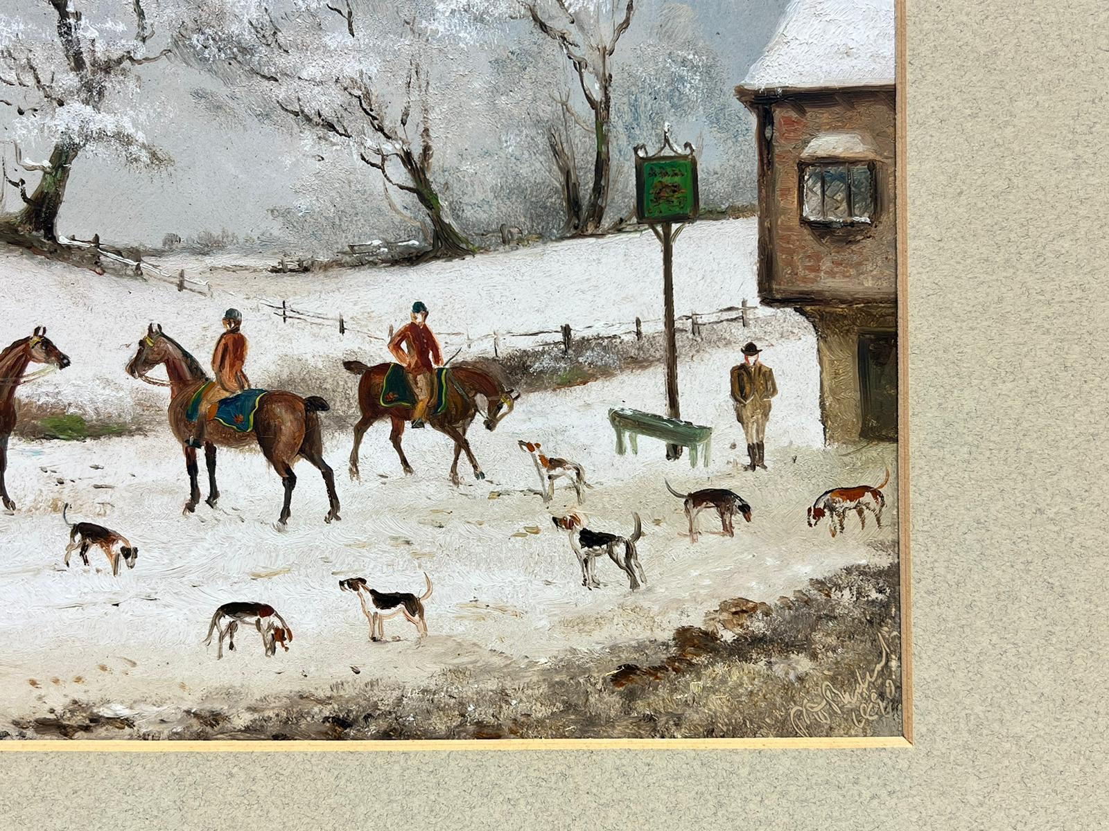 The English Fox Hunt Oil Painting Winter Snow Hunt Meeting outside Country Inn 2