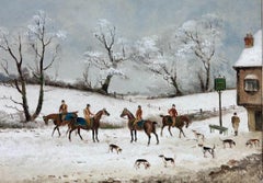 Antique The English Fox Hunt Oil Painting Winter Snow Hunt Meeting outside Country Inn