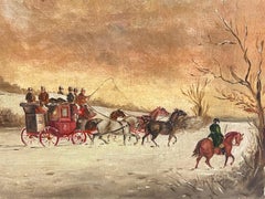 Victorian English Oil Painting Coach & Horses in Winter Snow Landscape